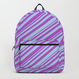 [ Thumbnail: Orchid and Light Blue Colored Lined Pattern Backpack ]