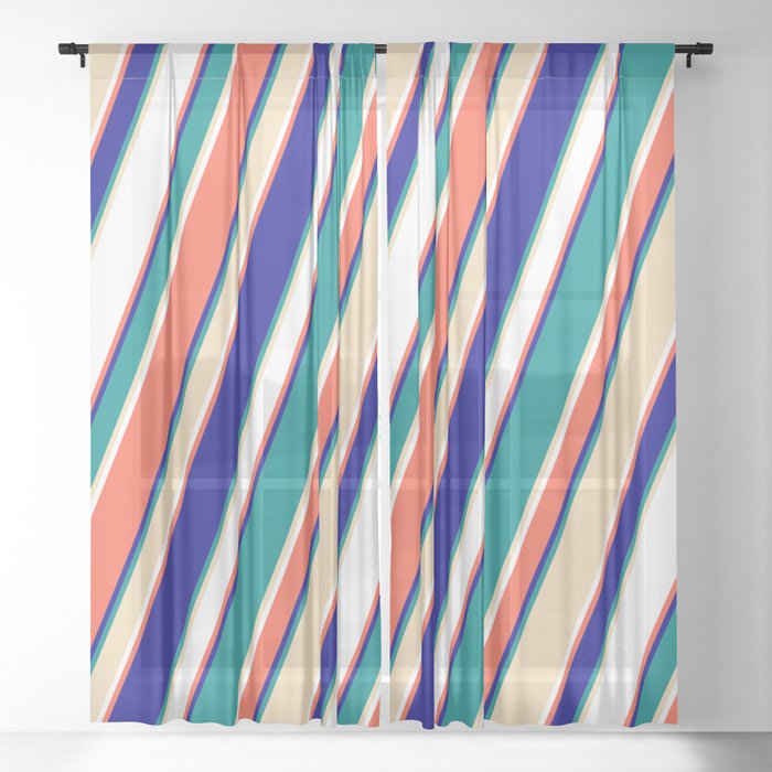 Red, Dark Blue, Dark Cyan, Tan & White Colored Lined/Striped Pattern Sheer Curtain