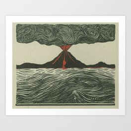 Volcano Woodcut Art Print
