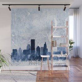 Providence Skyline & Map Watercolor Navy Blue, Print by Zouzounio Art Wall Mural