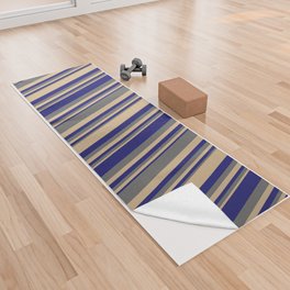 [ Thumbnail: Tan, Dim Gray, and Midnight Blue Colored Lined Pattern Yoga Towel ]