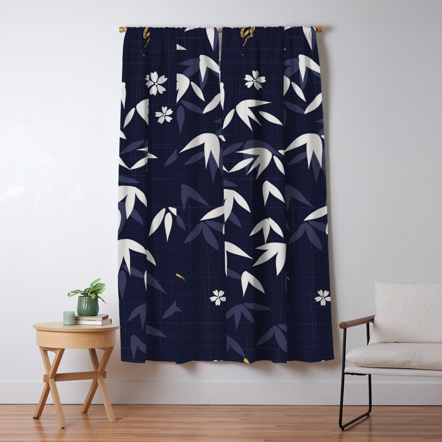 White Bamboo Leaves Japanese Pattern Blackout Curtain By Artonwear
