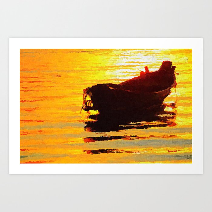 Boat At Sunset Acrylic Palette Knife Paint On Canvas Art Print