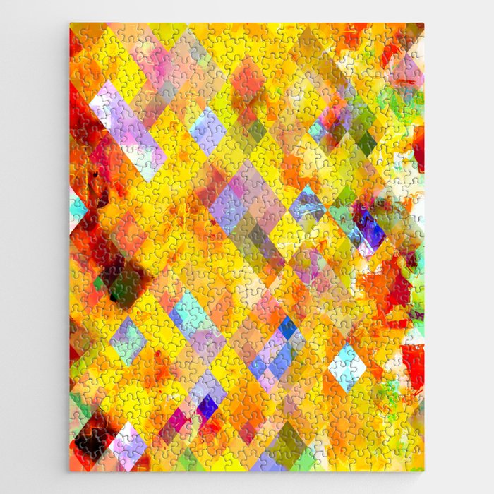 geometric pixel square pattern abstract background in yellow brown blue Jigsaw Puzzle
