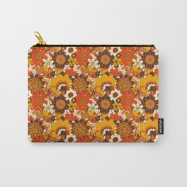 Retro 70s Flower Power, Floral, Orange Brown Yellow Psychedelic Pattern Carry-All Pouch