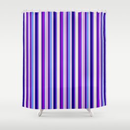 [ Thumbnail: Colorful Blue, Dark Violet, Cornflower Blue, Beige, and Plum Colored Lined Pattern Shower Curtain ]