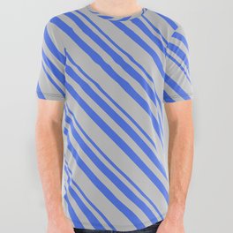 [ Thumbnail: Royal Blue and Grey Colored Pattern of Stripes All Over Graphic Tee ]