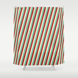 [ Thumbnail: Red, Bisque, and Aquamarine Colored Lines/Stripes Pattern Shower Curtain ]