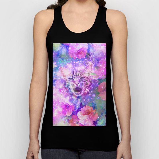 Space Cat | Girly Kitten Cat Romantic Floral Pink Nebula Space Unisex Tank Top