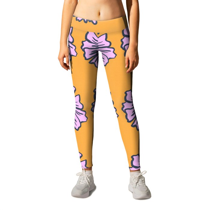 Mid Mod 80’s Pink Daisy Flower On Orange Retro Modern Pop Art Cheerful Bright Floral Repeat Pattern Leggings