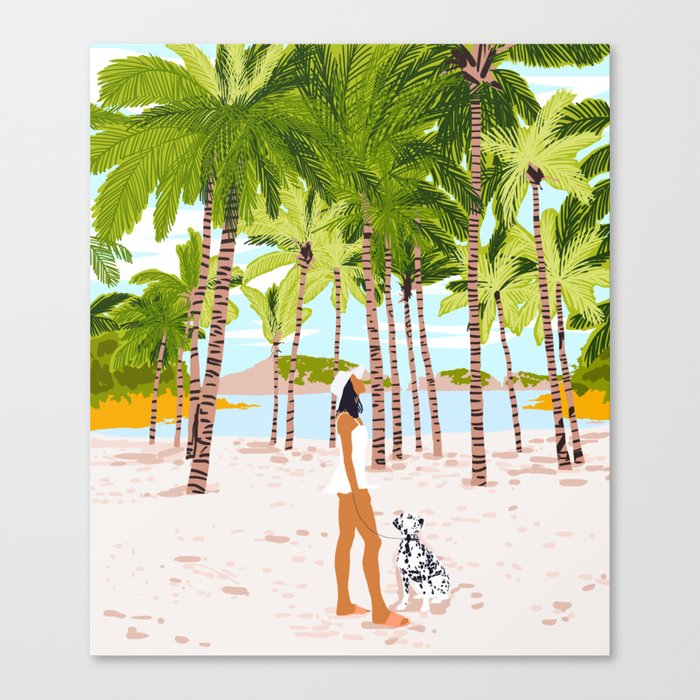 The Happy Spots, Dalmatian Dog Pets, Bohemian Woman Beach Tropical Palm Fashion Illustration Canvas Print