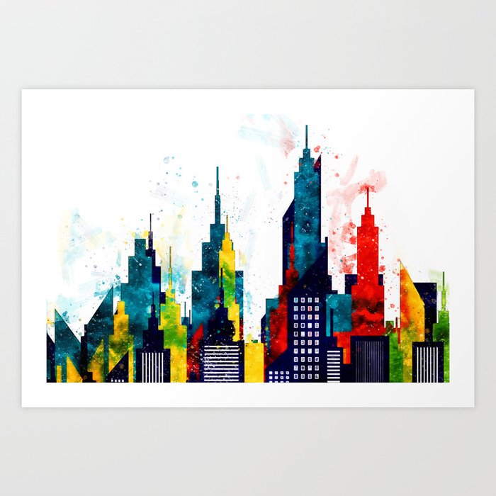 Colorful City Buildings And Skyscrapers In Watercolor New York