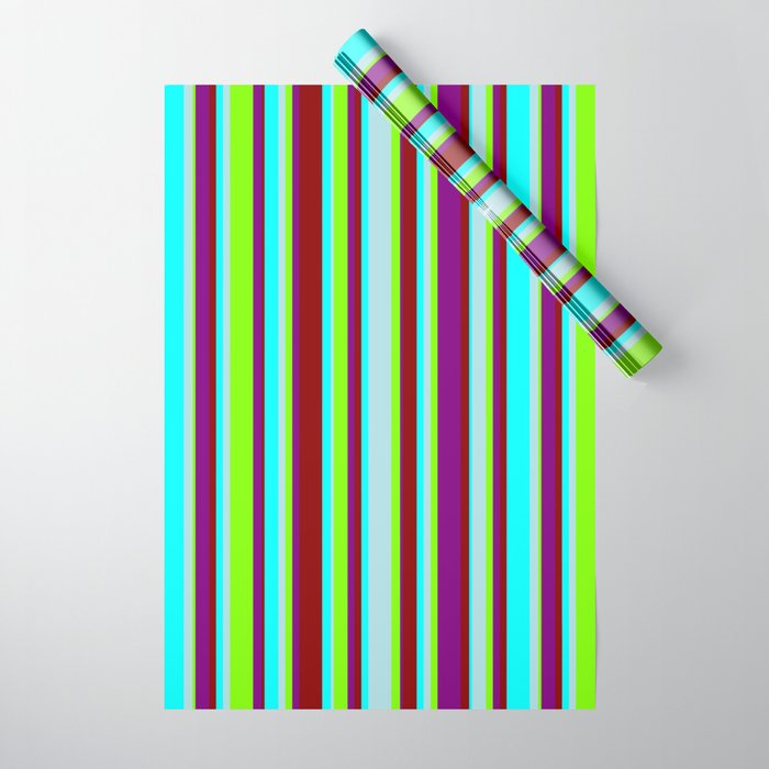 Cyan, Powder Blue, Chartreuse, Purple & Dark Red Colored Lines/Stripes Pattern Wrapping Paper