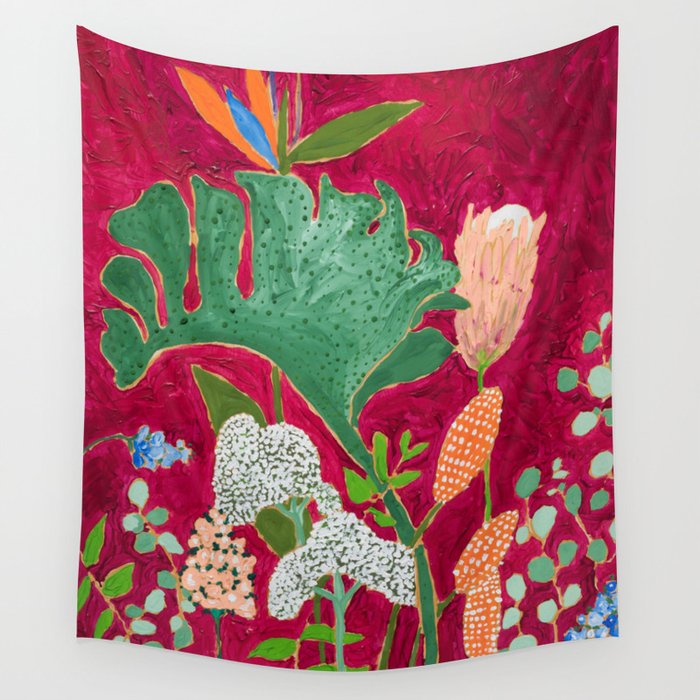 Magenta Jungle Painting Monstera Birds of Paradise Floral on Pink Jewel Tone Wall Tapestry
