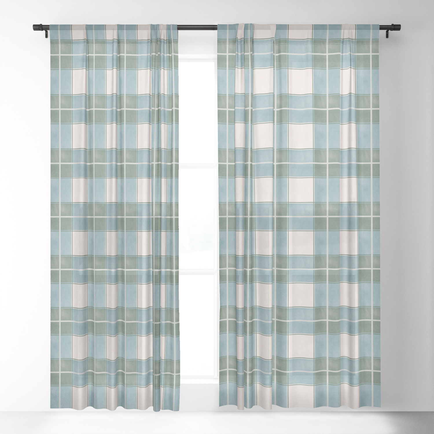 Green Blue And Ivory Traditional Plaid Pattern Sheer Curtain By