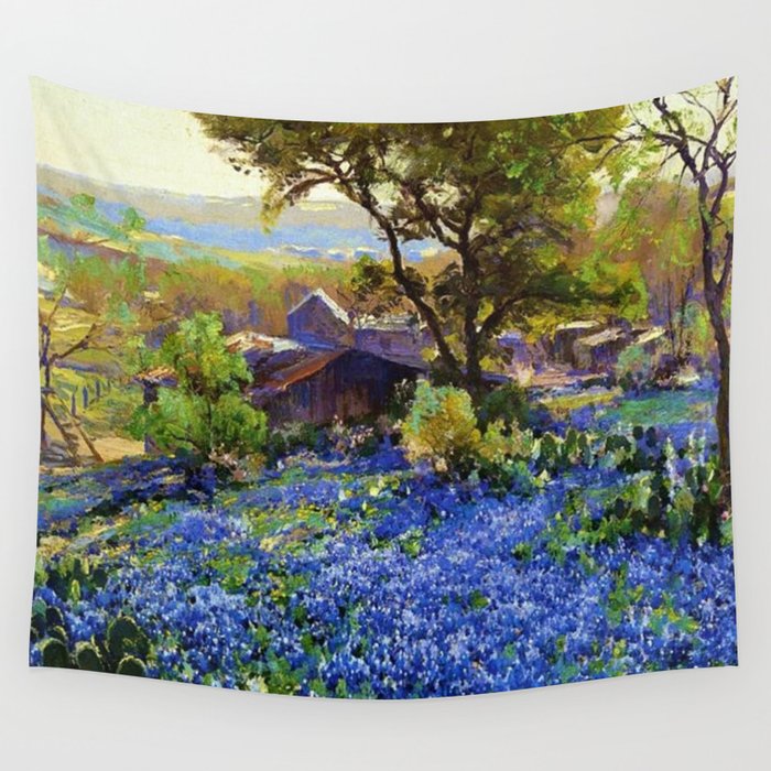 Bluebonnets at the Quarry Texas landscape desert painting by Robert Julian Onderdonk Wall Tapestry