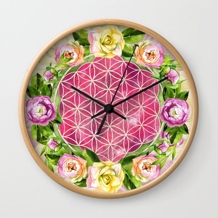 Flower of life in watercolor flower wreath Wall Clock