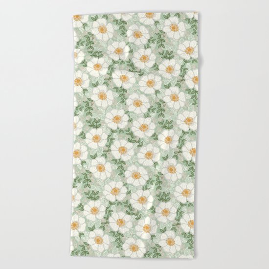 Sage pastel white green flowers blossom garden summer spring nature pattern painting florals Beach Towel