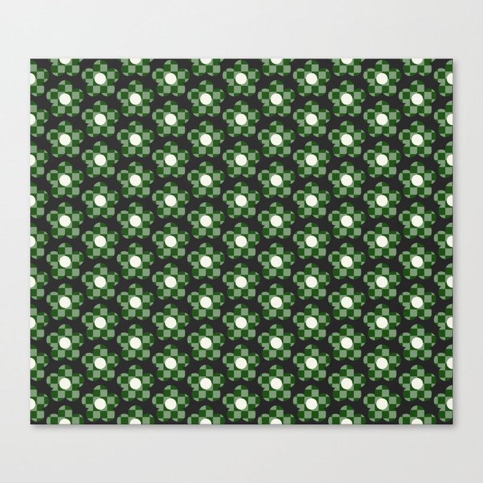 Green Retro Floral Checkerboard Pattern Canvas Print