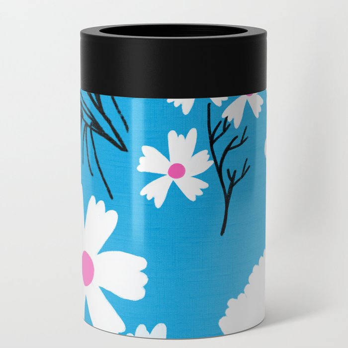 Modern Spring Wildflowers Turquoise Blue Can Cooler