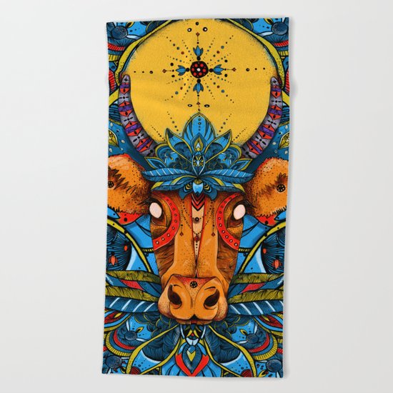 Holy Cow! Blue Lotus Mandala. Beach Towel