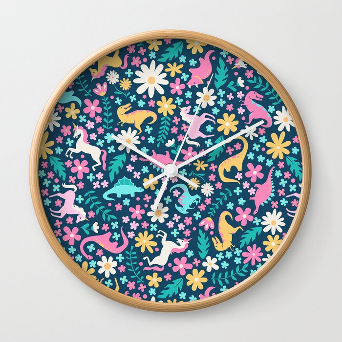 Floral Burst with Dinosaurs + Unicorns in Neon Wall Clock