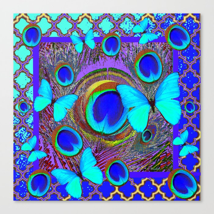 Abstract Blue Butterflies Peacock Feather Eyes Pattern Art Canvas