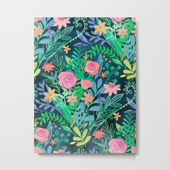 Roses + Green Messy Floral Posie Metal Print