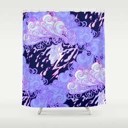 Seamless pattern. Retro style curly decorative clouds with rain drops and lightning. Vintage illustration Shower Curtain