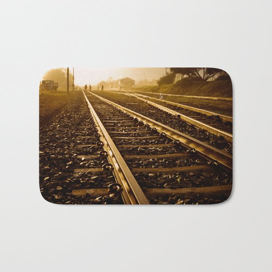 Railway Tracks at sunrise and twilight sky Bath Mat