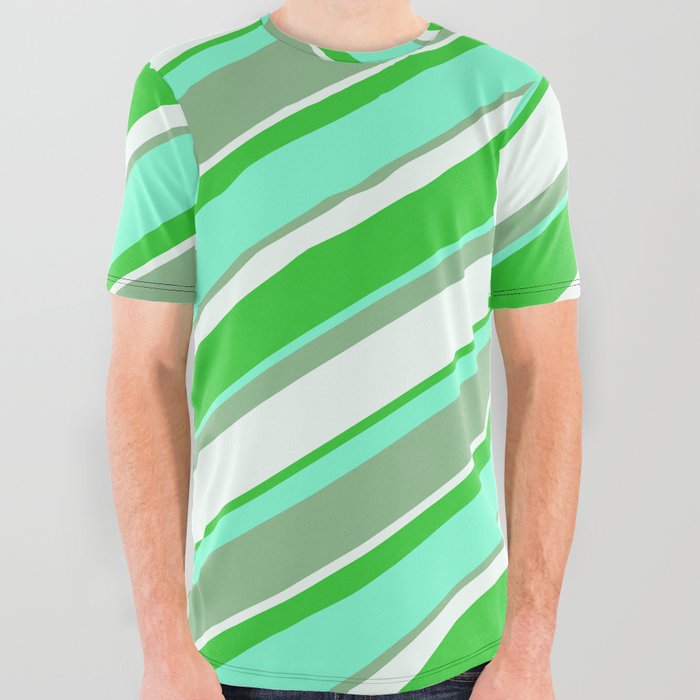 Aquamarine, Dark Sea Green, Mint Cream & Lime Green Colored Lined Pattern All Over Graphic Tee