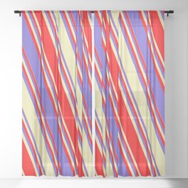 [ Thumbnail: Red, Slate Blue, and Pale Goldenrod Colored Lined/Striped Pattern Sheer Curtain ]