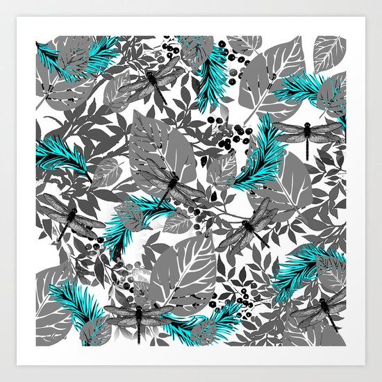 PALM LEAF DRAGONFLY BLUE Art Print