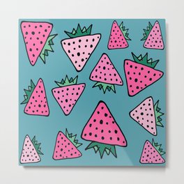 strawberry blue Metal Print | Green, Cute, Strawberrypattern, Vector, Funny, Food, Strawberry, Drawing, Illustration, Blue 