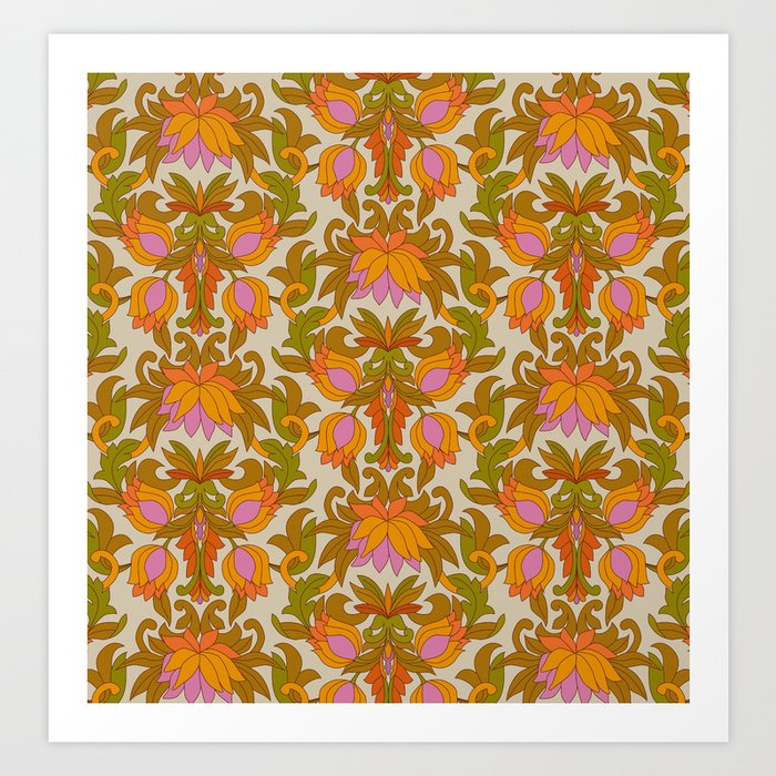 Orange, Pink Flowers and Green Leaves 1960s Retro Vintage Pattern Kunstdrucke Orange, Pink Flowers and Green Leaves 1960s Retro Vintage Pattern Kunstdrucke