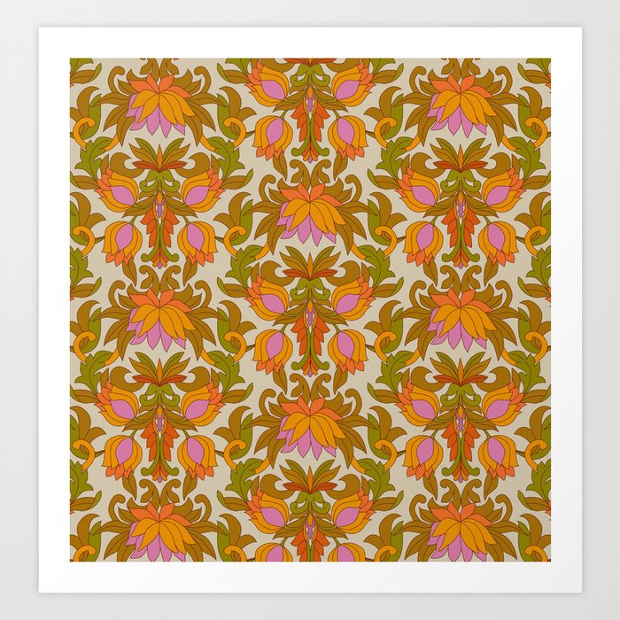 Orange, Pink Flowers and Green Leaves 1960s Retro Vintage Pattern Art Print