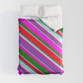 [ Thumbnail: Eyecatching Fuchsia, Red, Dark Orchid, Green & Turquoise Colored Lined Pattern Comforter ]