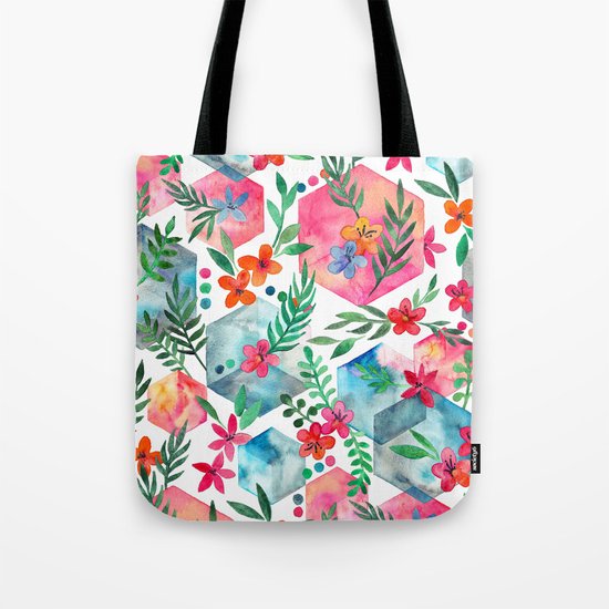 Whimsical Hexagon Garden on white Tote Bag