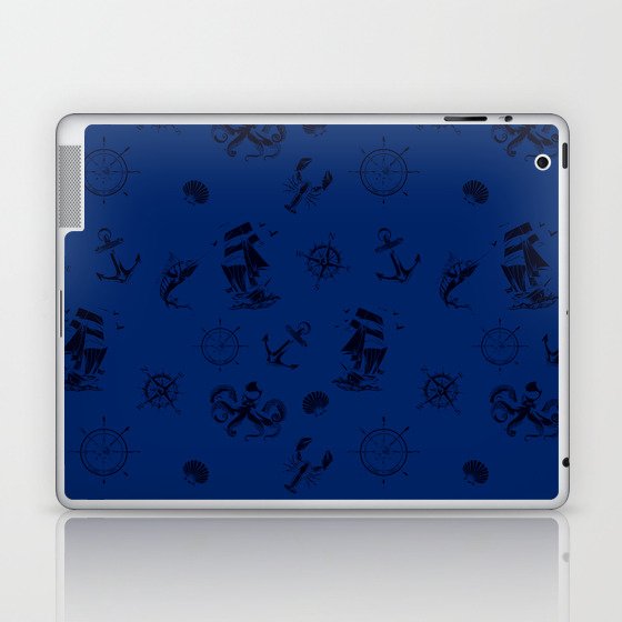 Monochrome Blue Silhouettes Of Vintage Nautical Pattern Laptop & iPad Skin