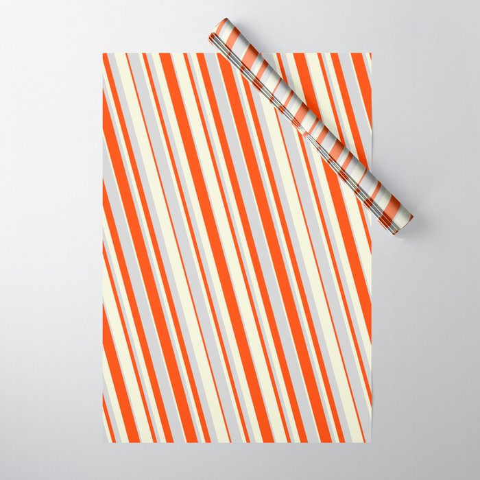 Light Grey, Red, and Beige Colored Striped Pattern Wrapping Paper