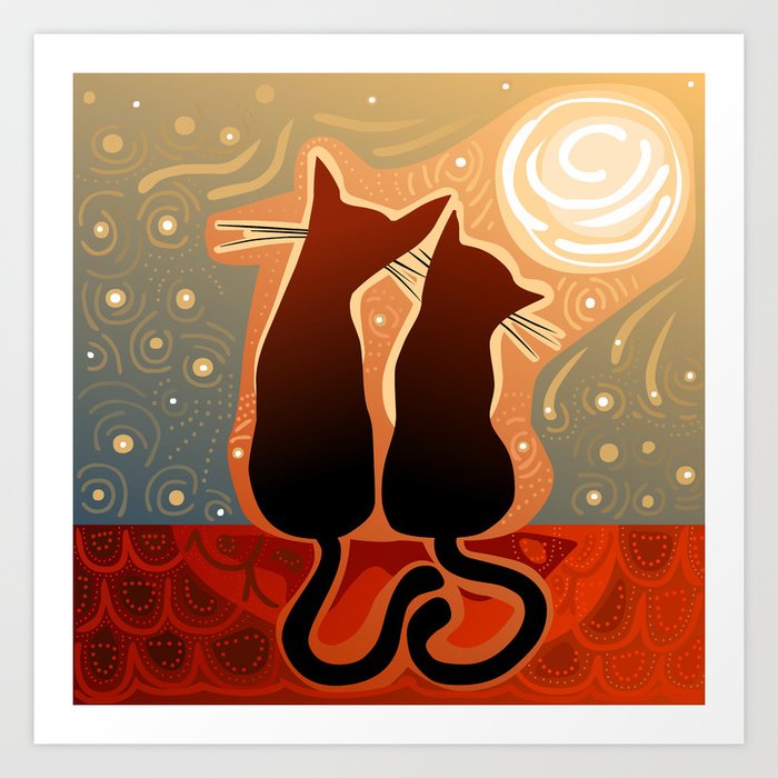 couple of cats in love on a house roof Art Print