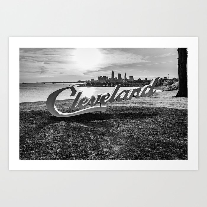 Cleveland Ohio Sign Lake Erie Skyline Black White Print Art Print