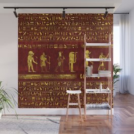 Golden Egyptian Gods  on red leather Wall Mural