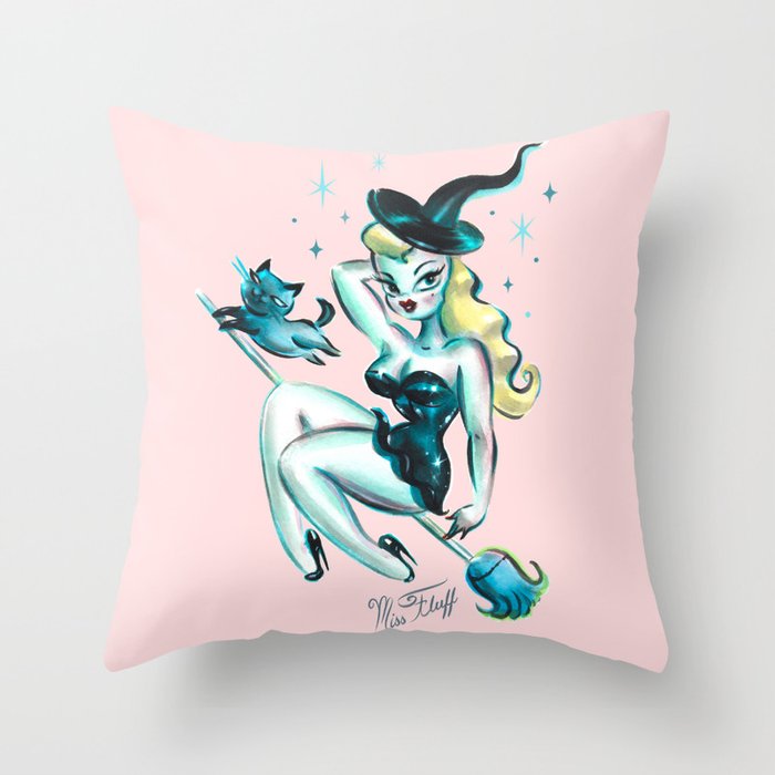 Blonde Witch with Kitty Throw Pillow