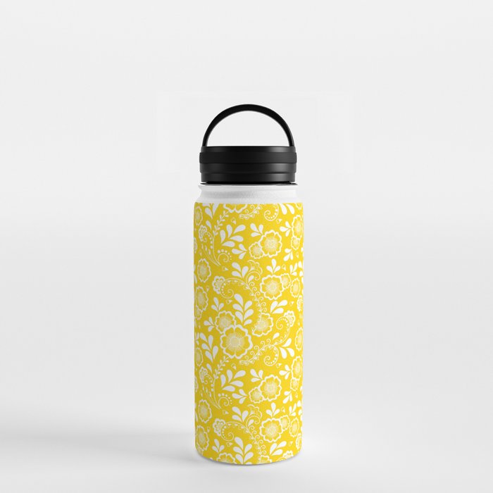 Yellow And White Eastern Floral Pattern Water Bottle