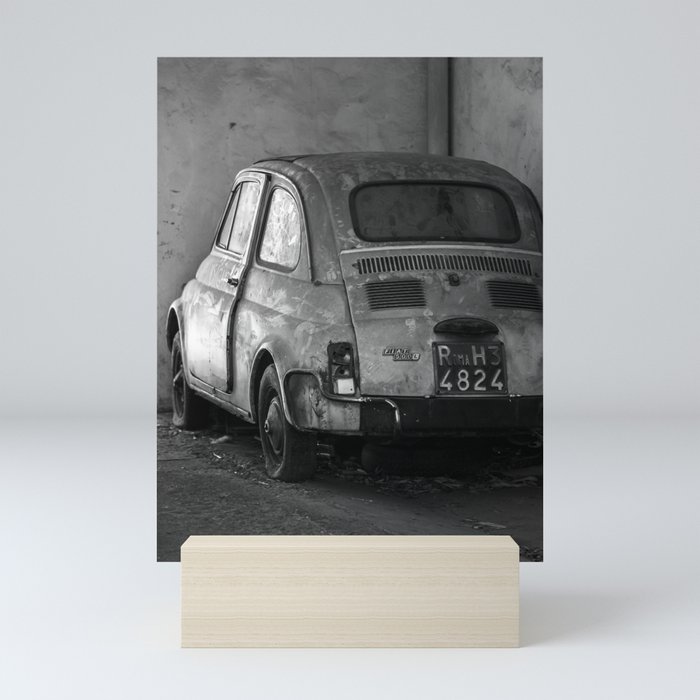 Dusty Italian Old Car | Black and White Rome Italy Mini Art Print