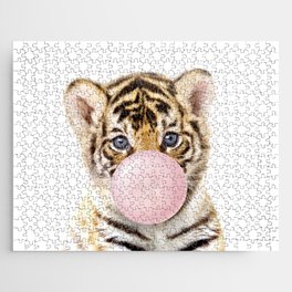 Baby Tiger Blowing Bubble Gum, Pink Nursery, Baby Animals Art Print by Synplus Jigsaw Puzzle