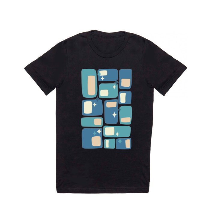 Mid Century Funky Squares and Stars in Celadon Blue, Teal, Light Yellow and Peach T Shirt