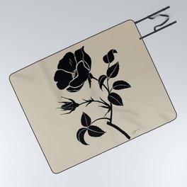 Minimalistic Black Ink Drawing Rose Flower on a Beige background Picnic Blanket