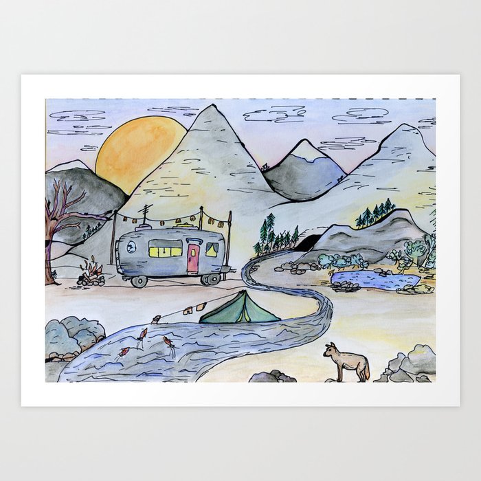 Vintage camping van in the mountains under a full moon- Illustration Art Print